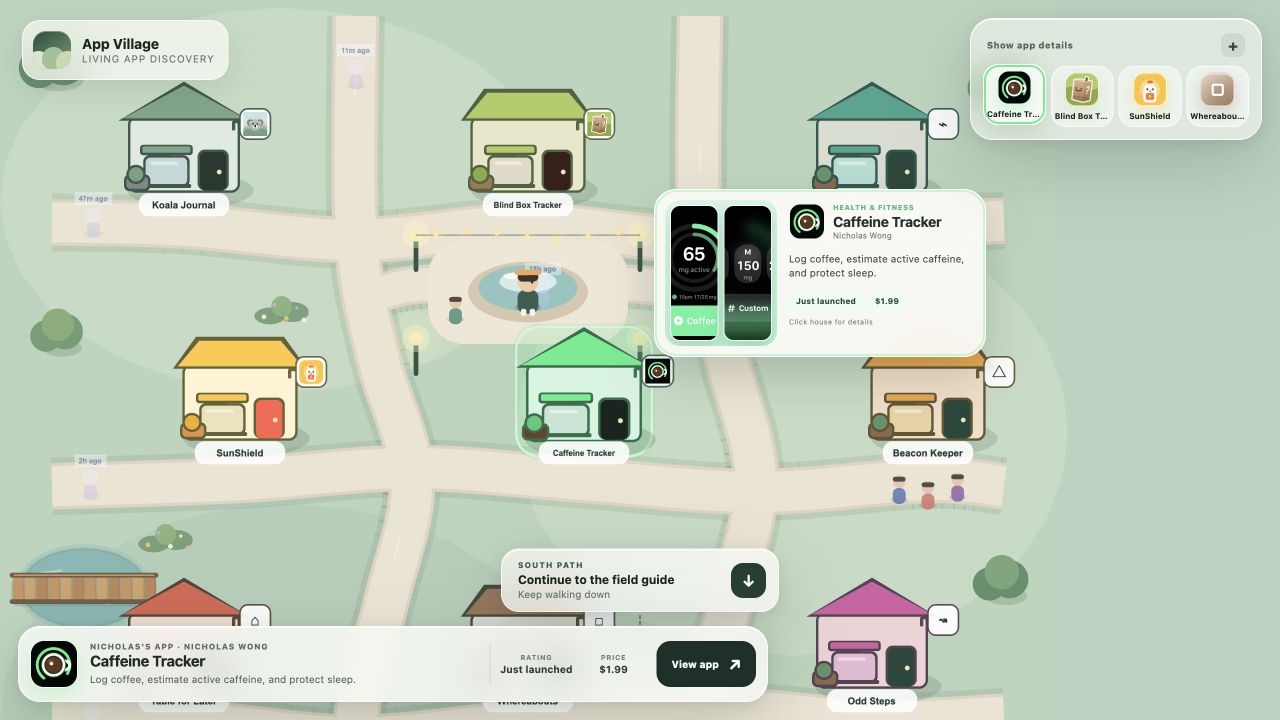 Illustrated pond and bridge in App Village